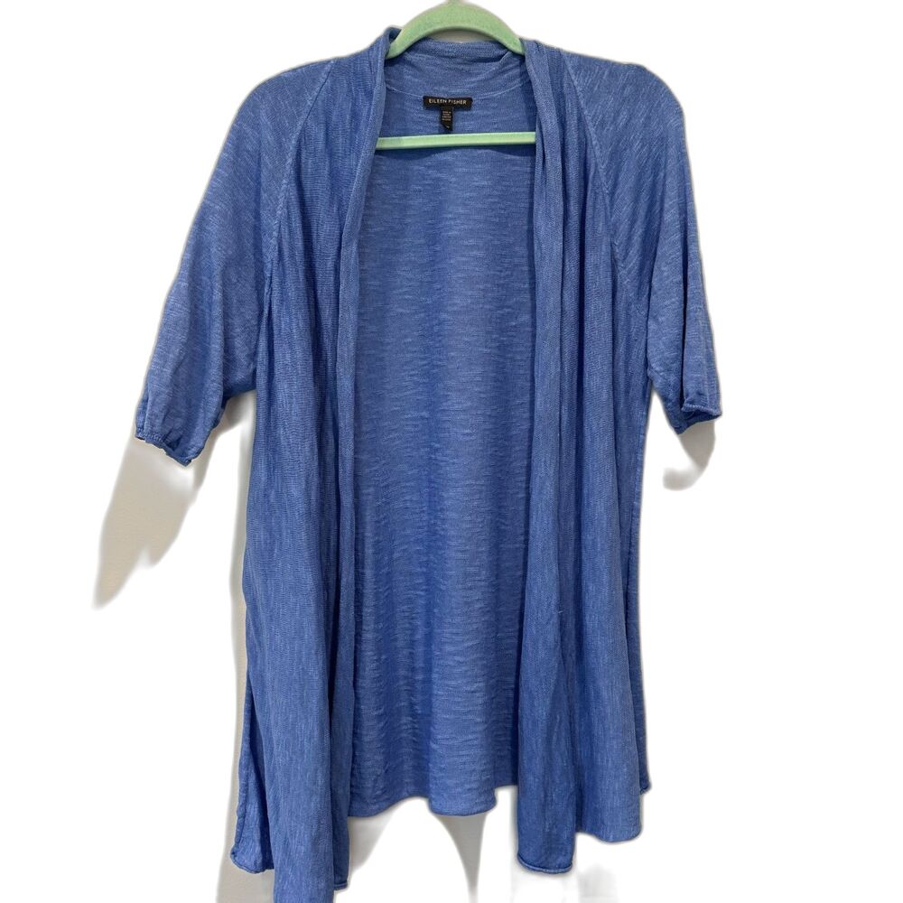 Eileen Fisher Cardigan Sweater Organic Linen Cotton Open Front Blue Women Large